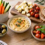 Aperitivo con hortalizas, hummus, queso, tomates, pan y aceitunas en recipientes separados