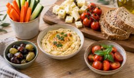 Aperitivo con hortalizas, hummus, queso, tomates, pan y aceitunas en recipientes separados