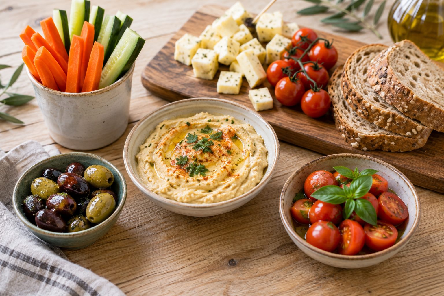 Aperitivo con hortalizas, hummus, queso, tomates, pan y aceitunas en recipientes separados