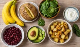 Selección de plátano, patata, alubias, espinacas, aguacate y yogur