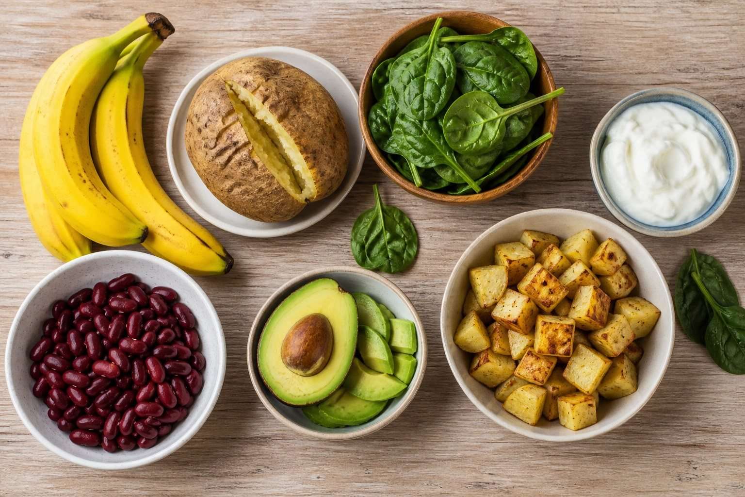 Selección de plátano, patata, alubias, espinacas, aguacate y yogur