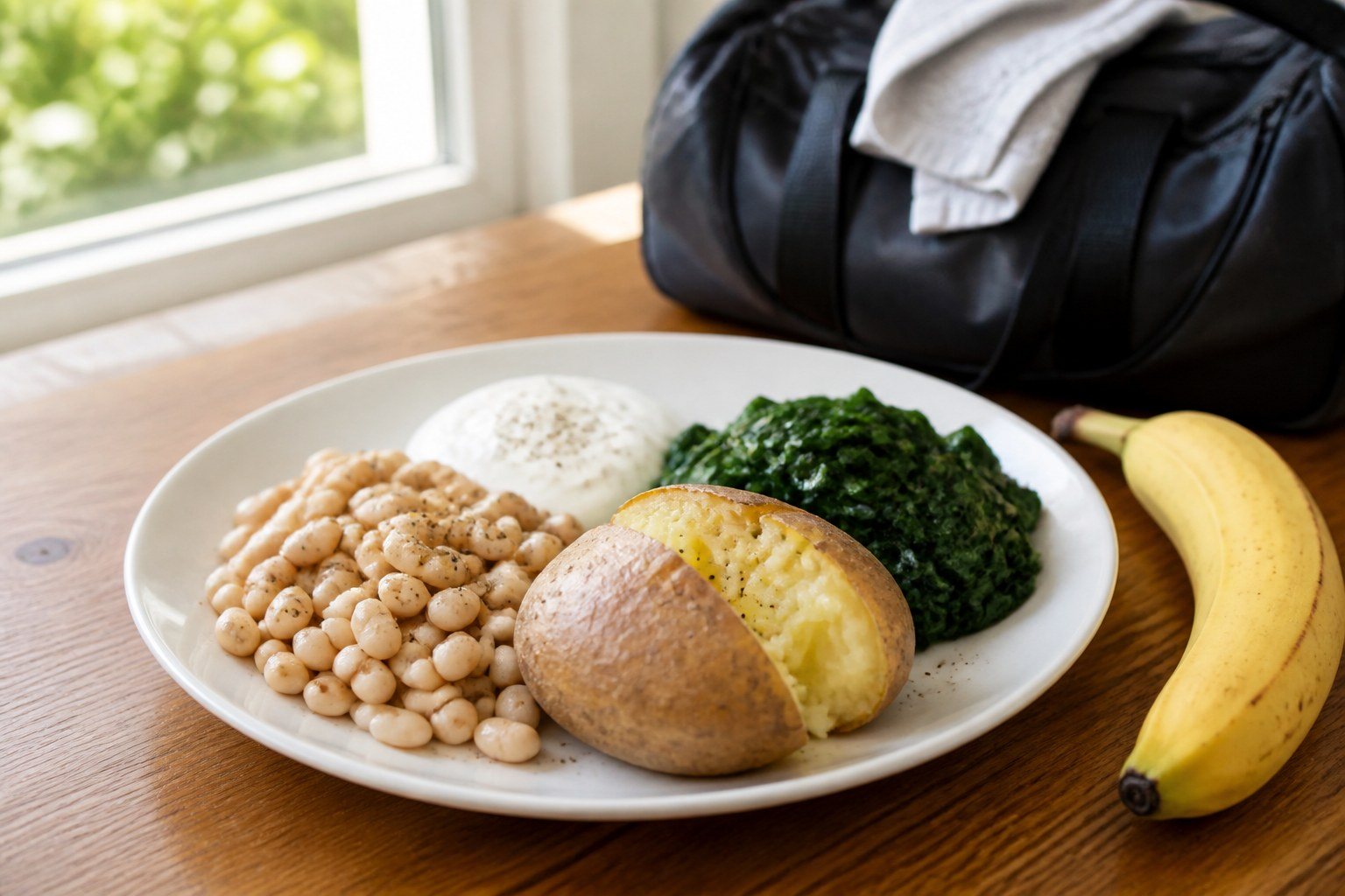 Plato con patata, alubias y espinacas junto a yogur y plátano