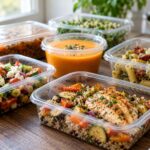 Platos preparados en recipientes sobre una mesa