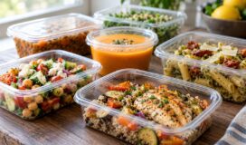 Platos preparados en recipientes sobre una mesa
